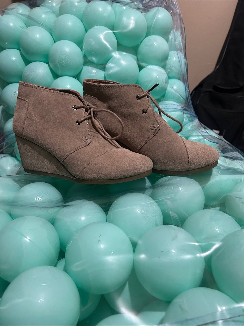 Toms Taupe Suede Wedge Ankle Boots with Lace-Up Detail